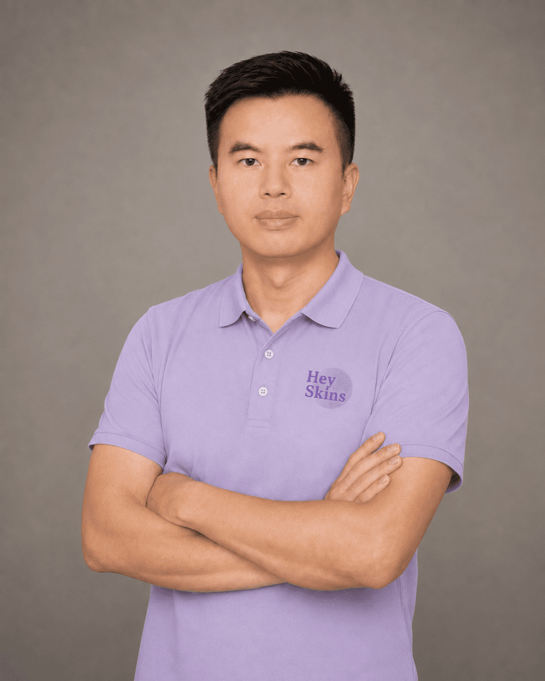 Jacky Huang, founder of JoyShine Home Furnishing Co., Ltd., wearing a HeySkins branded polo