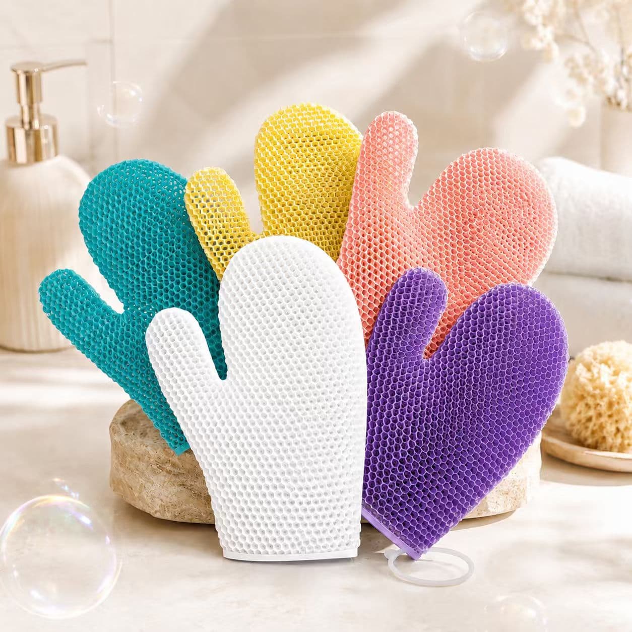 Colorful honeycomb TPU exfoliating bath gloves